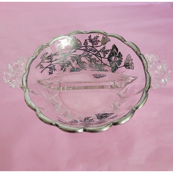 Vintage 2 Part Divided Relish Dish Poppies Silver Overlay Silver City Flanders - Picture 3 of 12